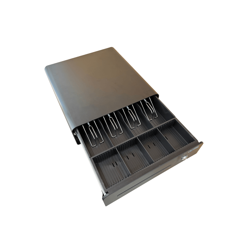 ลิ้นชักเก็บเงิน EASYPRINT รุ่น CD-335 สีดำ 4 ช่องธนบัตรขนาดใหญ่ 4 ช่องเหรียญ RJ11 12/24V